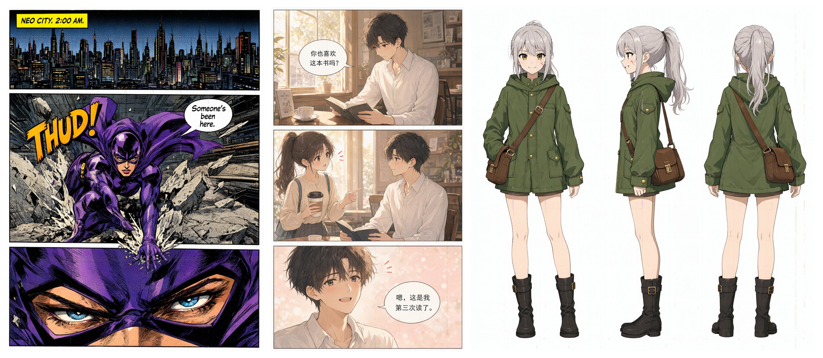 Qwen-Image-2.1 生成的漫画：美漫、中文条漫、角色设定图